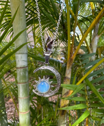 Opalite Crescent Sun Pendant Opalite Necklace Man Made Encased Crystal