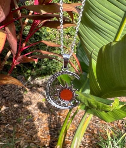 Red Jasper Crescent Sun Pendant Necklace