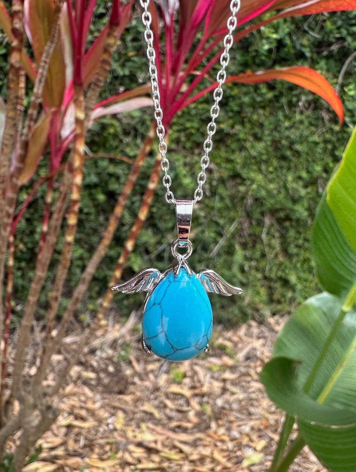 Turquoise Color Howlite Angelic Egg Pendant Necklace