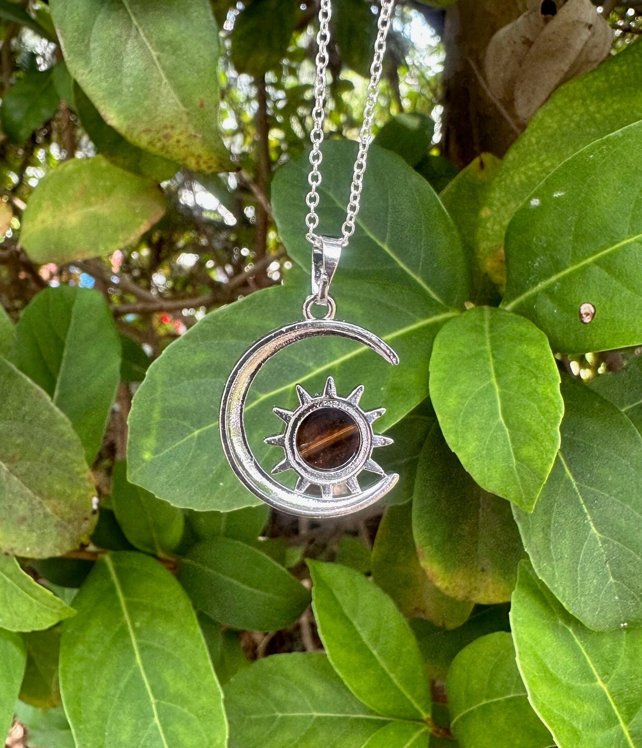 Tiger Eye Crescent Sun Pendant Necklace