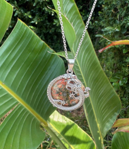 Orange Unakite Dragon Flat Pendant Necklace