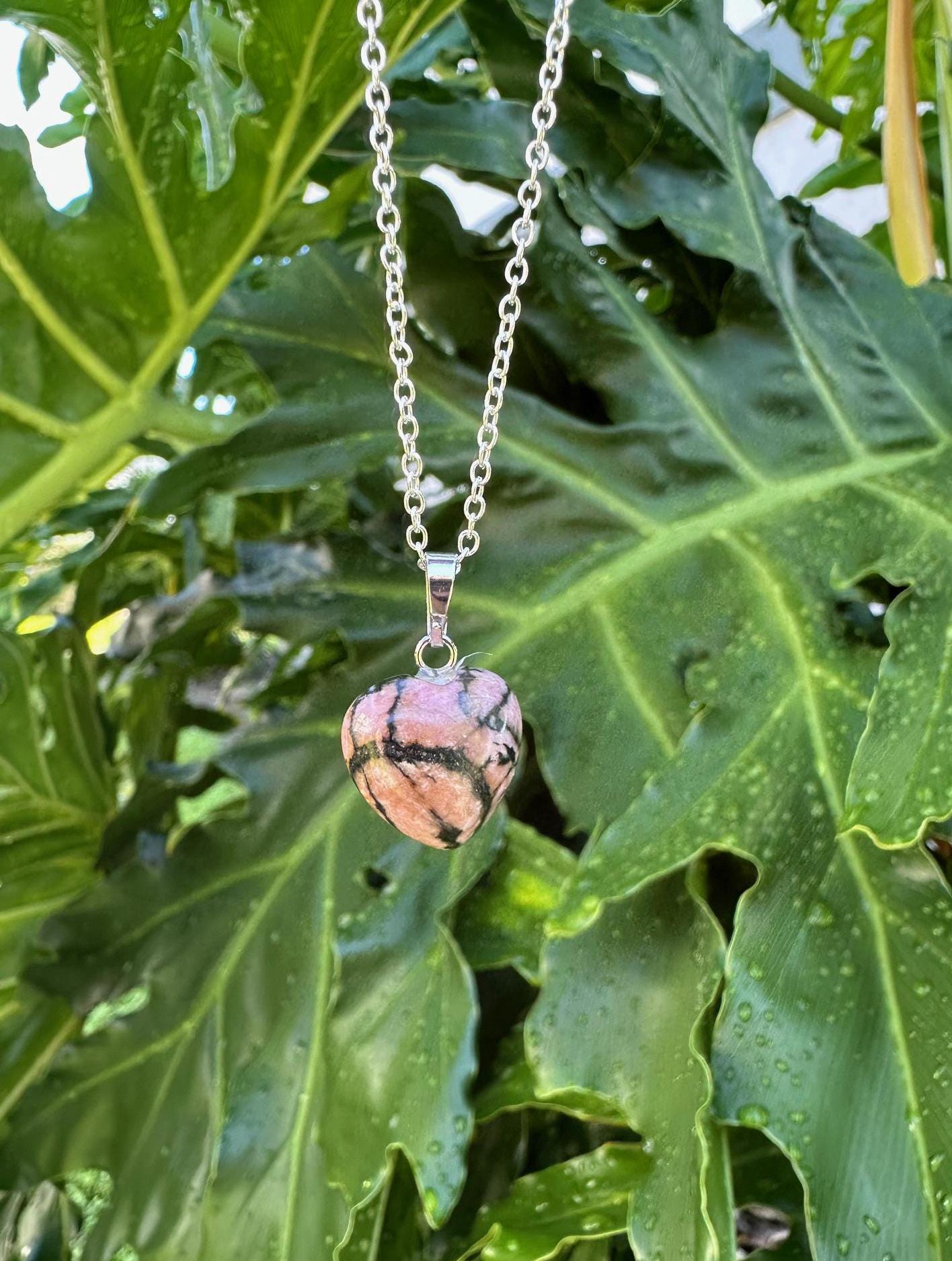Dainty Rhodonite Heart Pendant Necklace