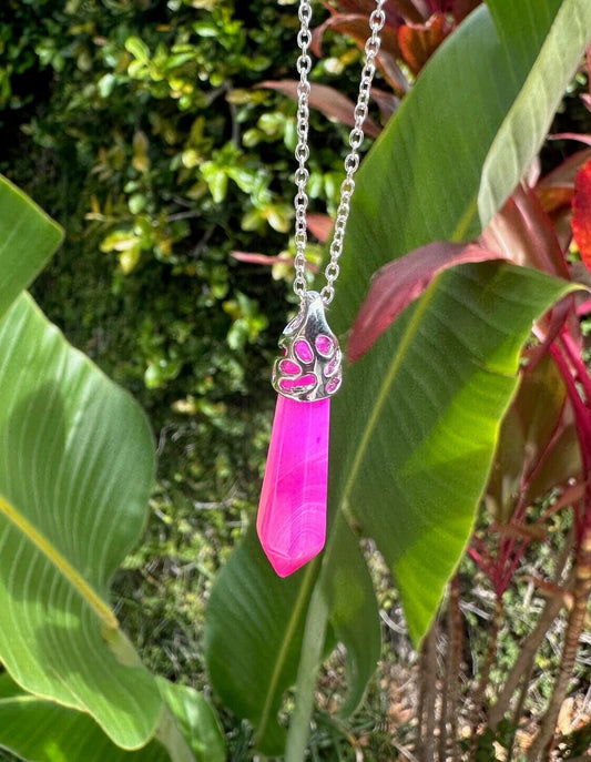 Pink Stripe Agate Thin Hexagon Pendant Necklace