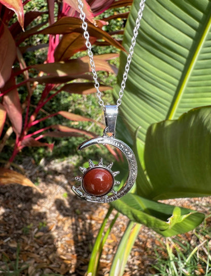 Red Jasper Crescent Sun Pendant Necklace