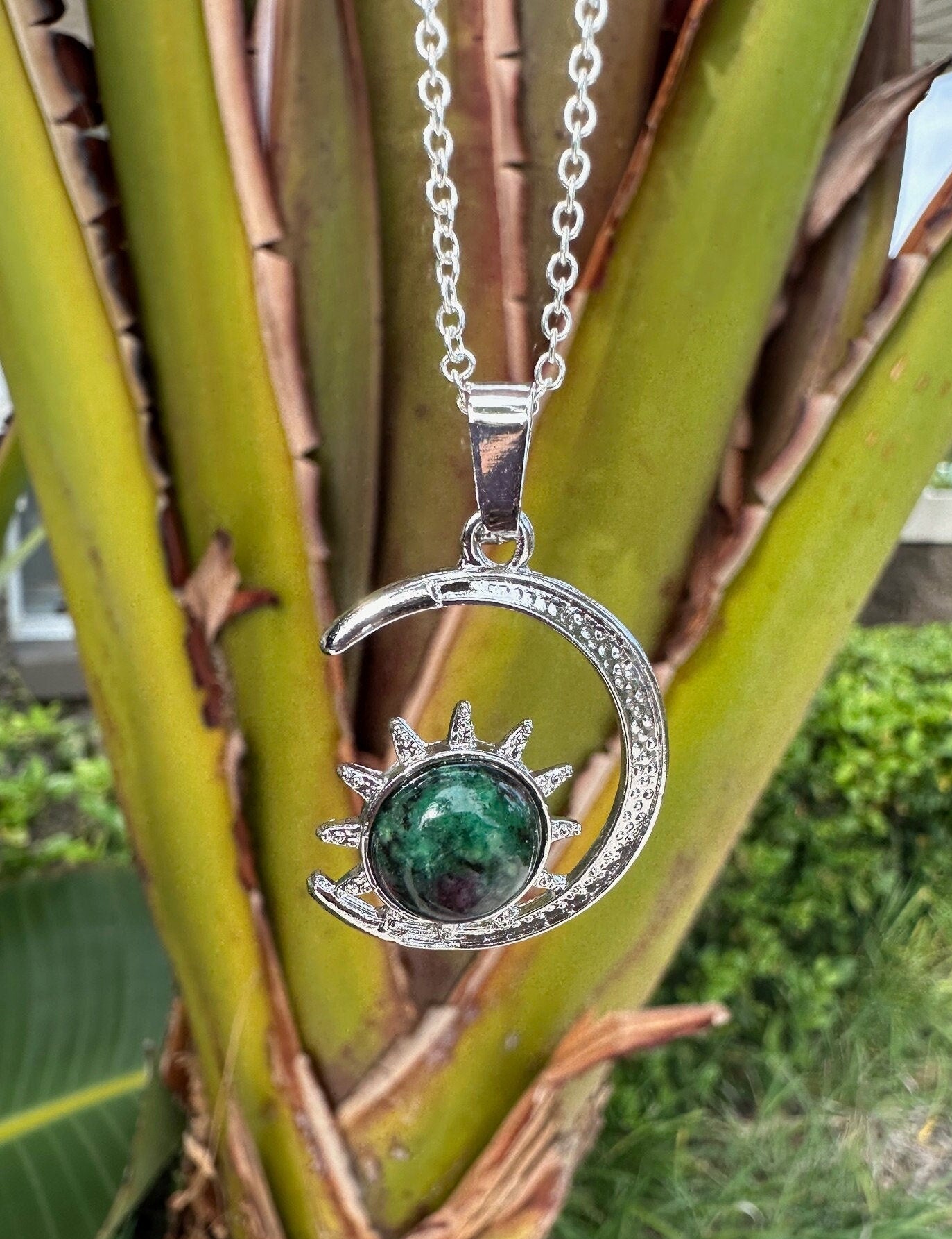 Ruby Zoisite Crescent Sun Pendant Necklace