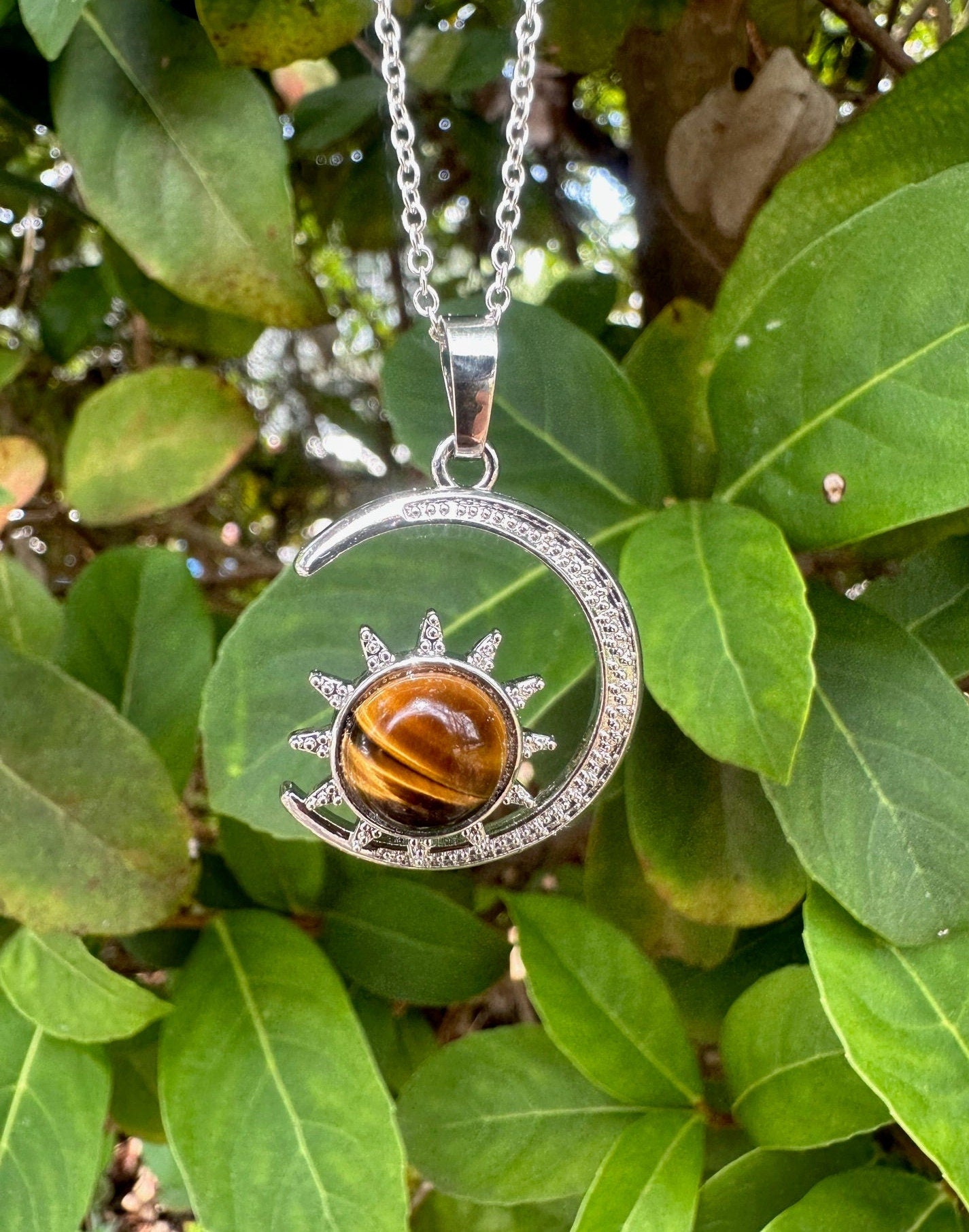 Tiger Eye Crescent Sun Pendant Necklace