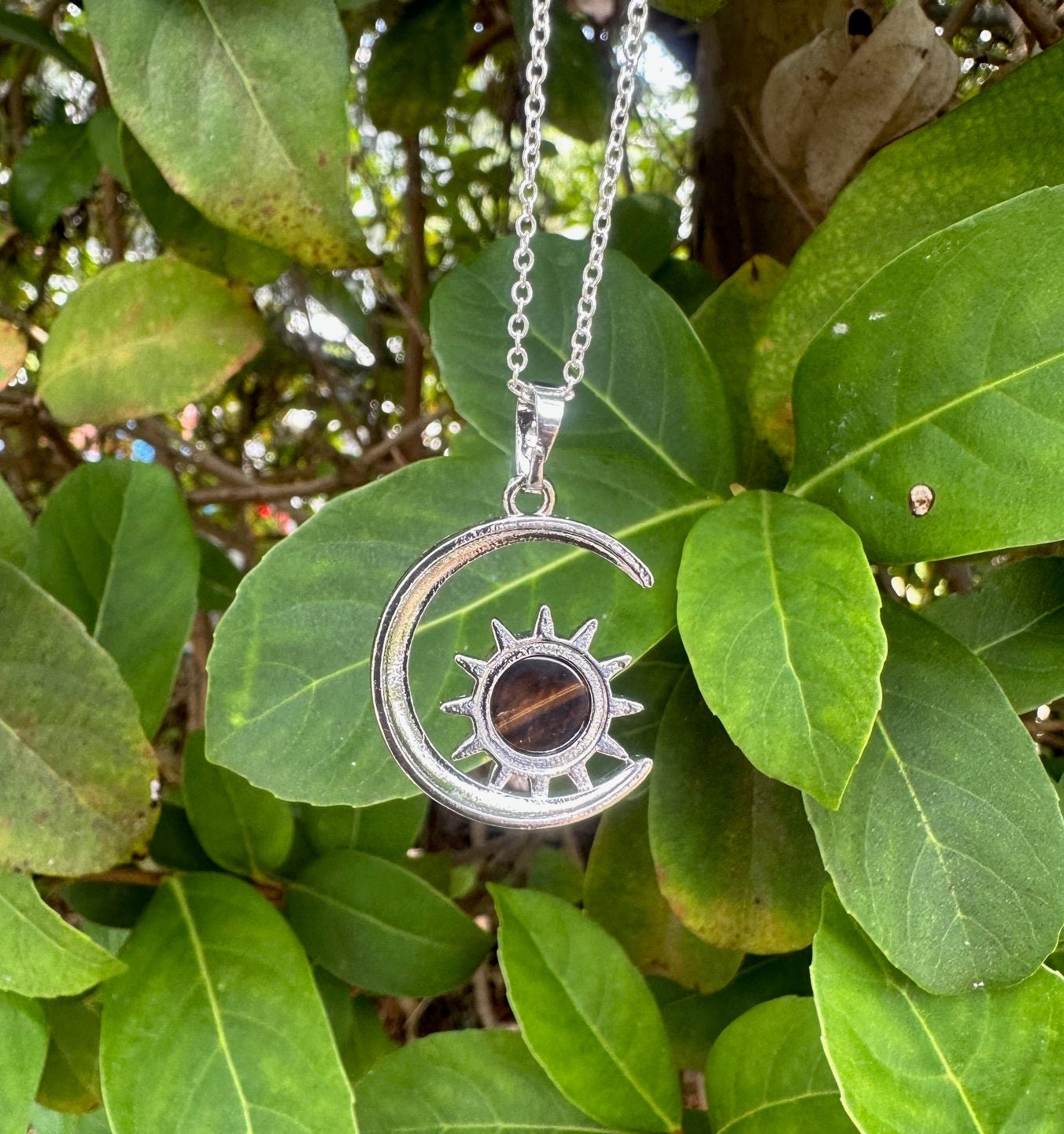 Tiger Eye Crescent Sun Pendant Necklace