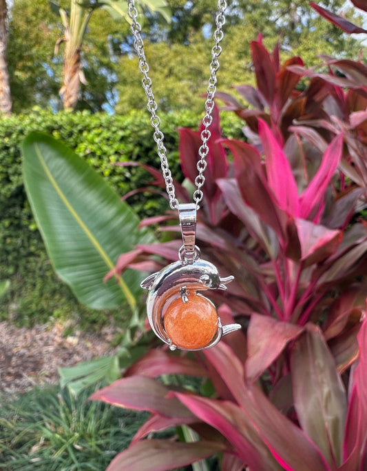 Orange Aventurine Dolphin Pendant Necklace