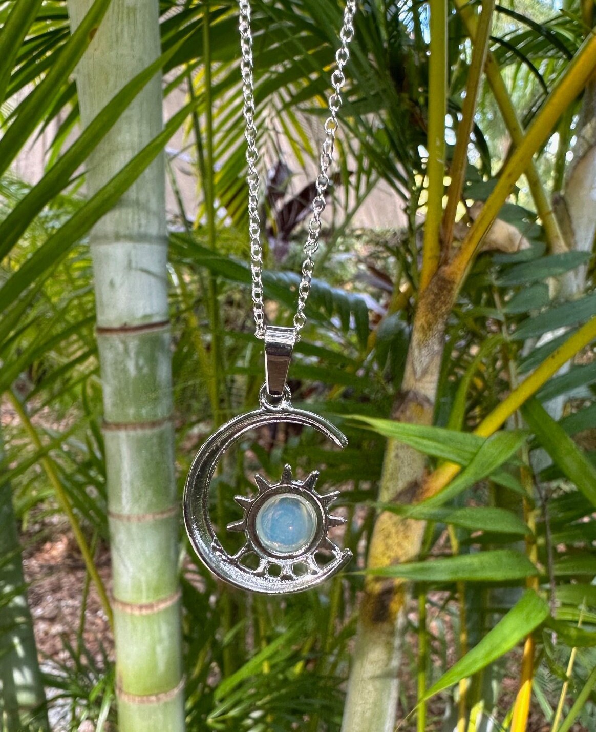 Opalite Crescent Sun Pendant Opalite Necklace Man Made Encased Crystal