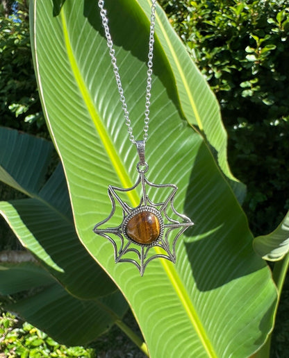 Tiger Eye Spider Web Pendant Necklace