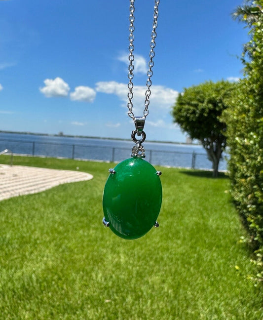 Green Jade Oval Pendant Dyed Green Jade Oval Pendant Man Made Encased Necklace