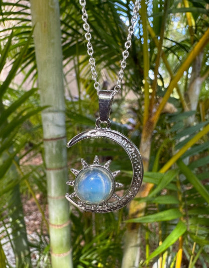 Opalite Crescent Sun Pendant Opalite Necklace Man Made Encased Crystal