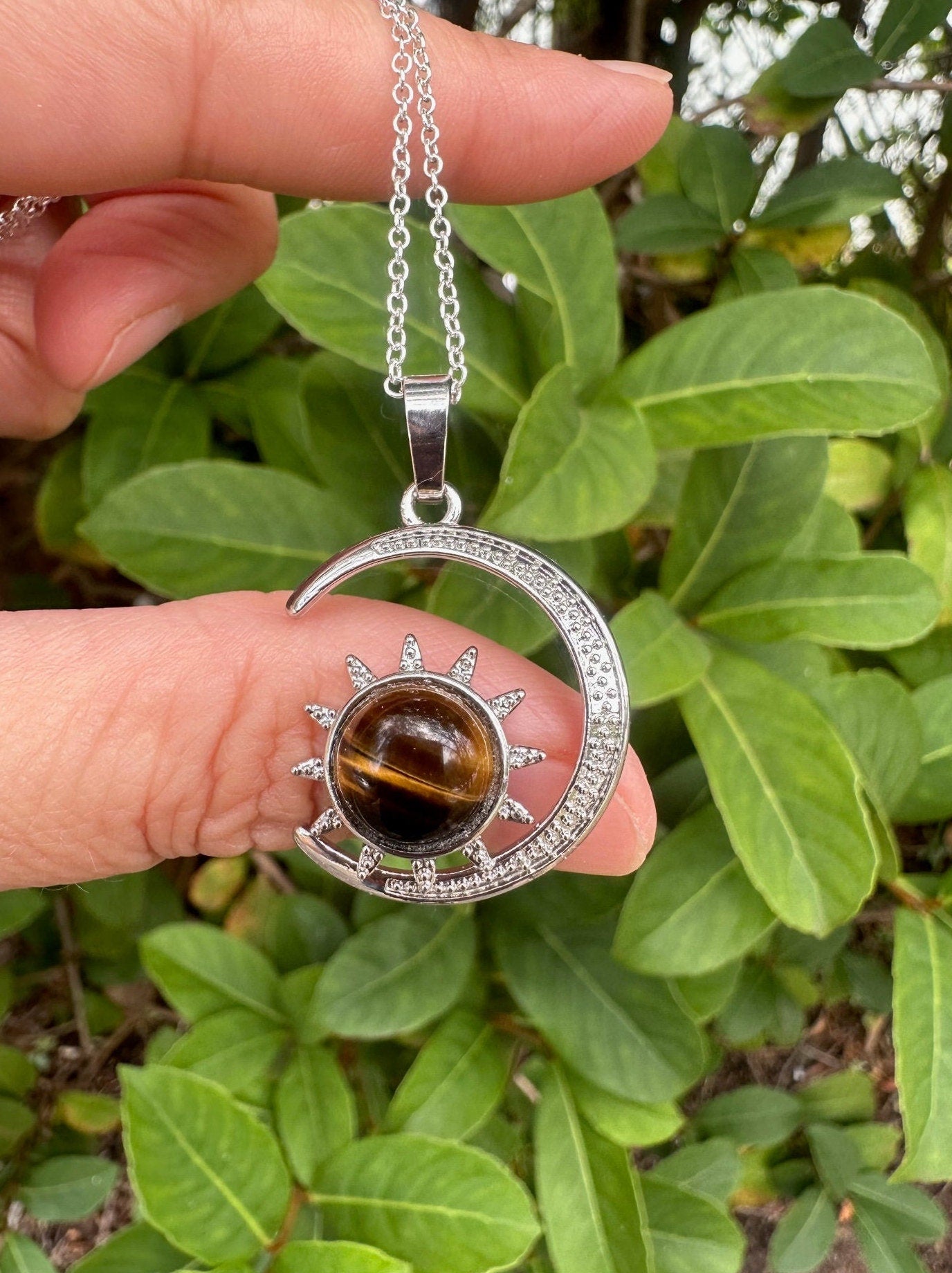 Tiger Eye Crescent Sun Pendant Necklace
