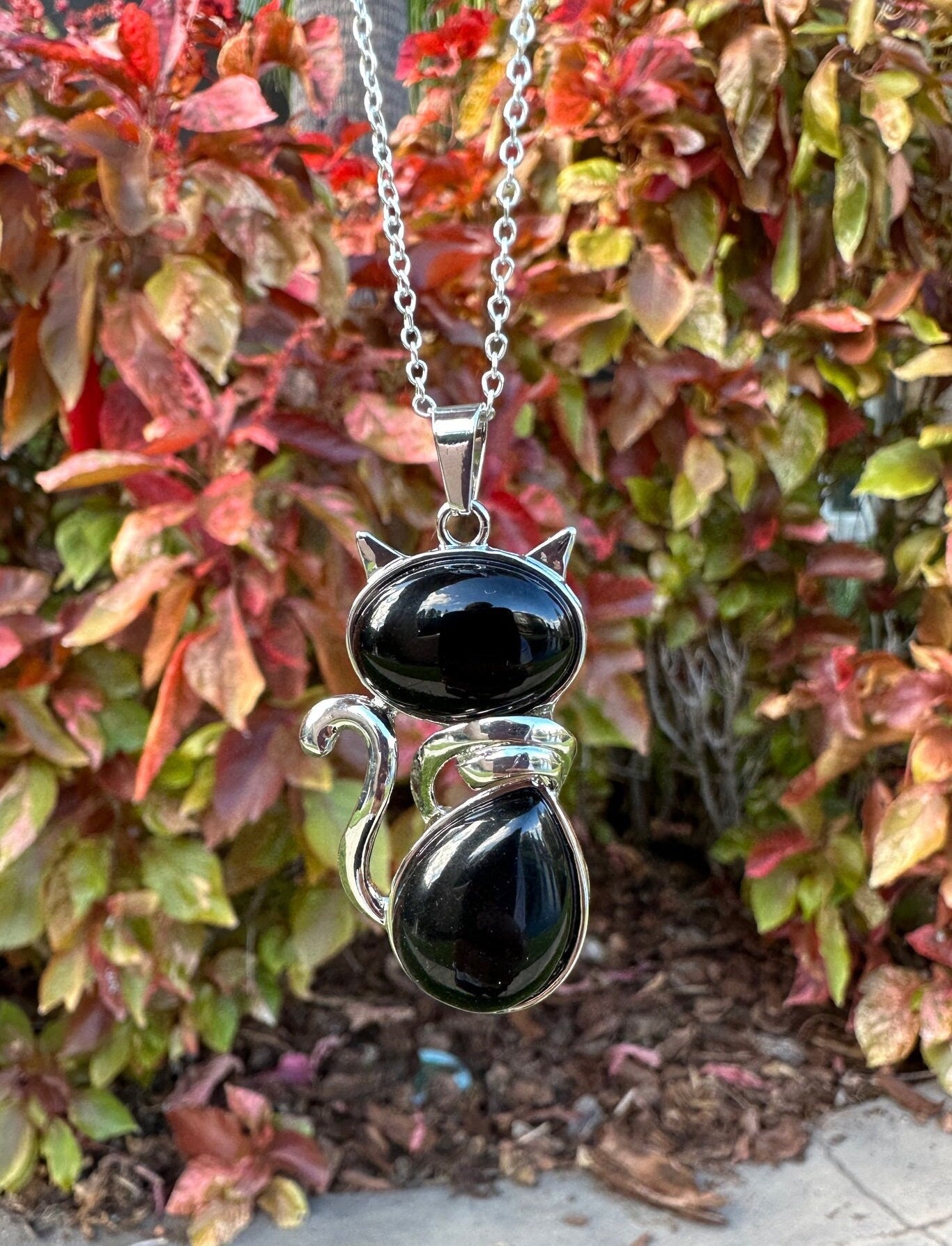 Large Obsidian Cat Pendant Necklace