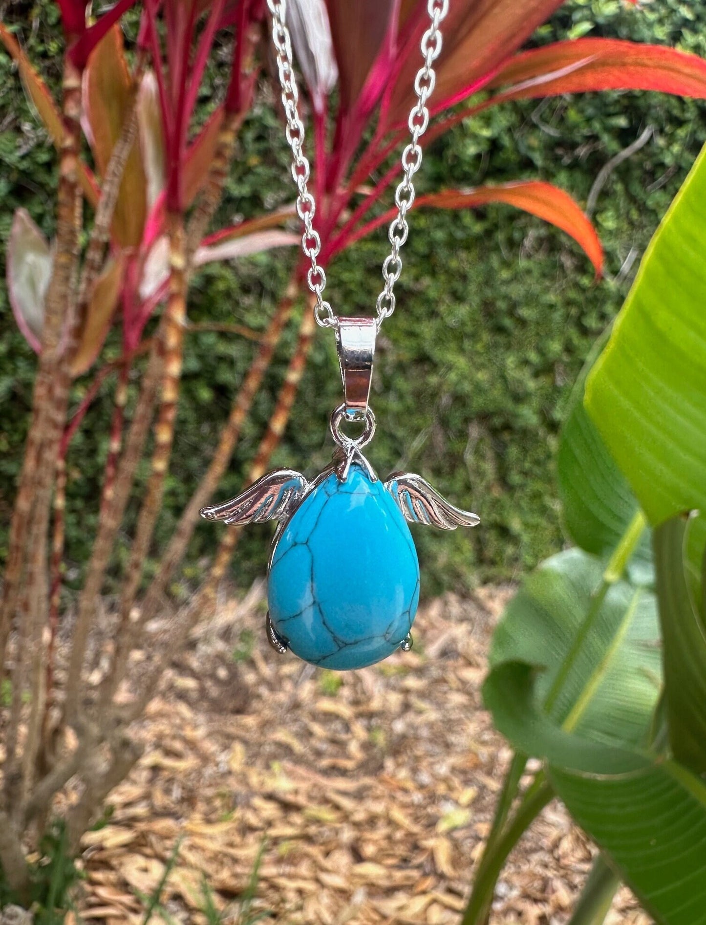 Turquoise Color Howlite Angelic Egg Pendant Necklace