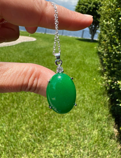 Green Jade Oval Pendant Dyed Green Jade Oval Pendant Man Made Encased Necklace