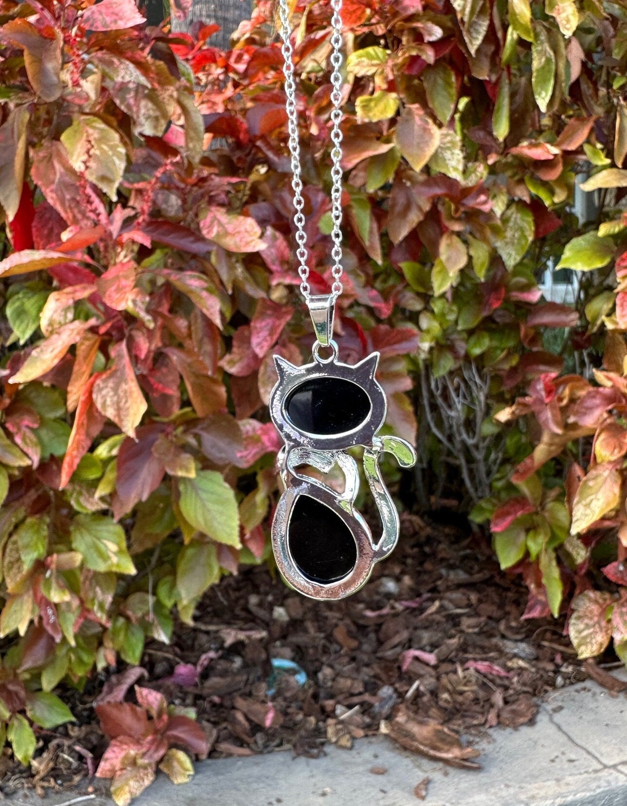 Large Obsidian Cat Pendant Necklace