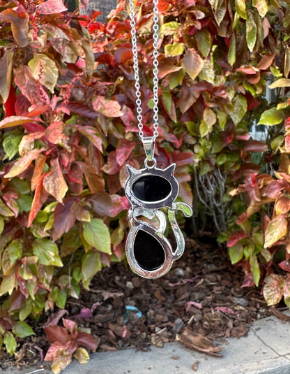 Large Obsidian Cat Pendant Necklace