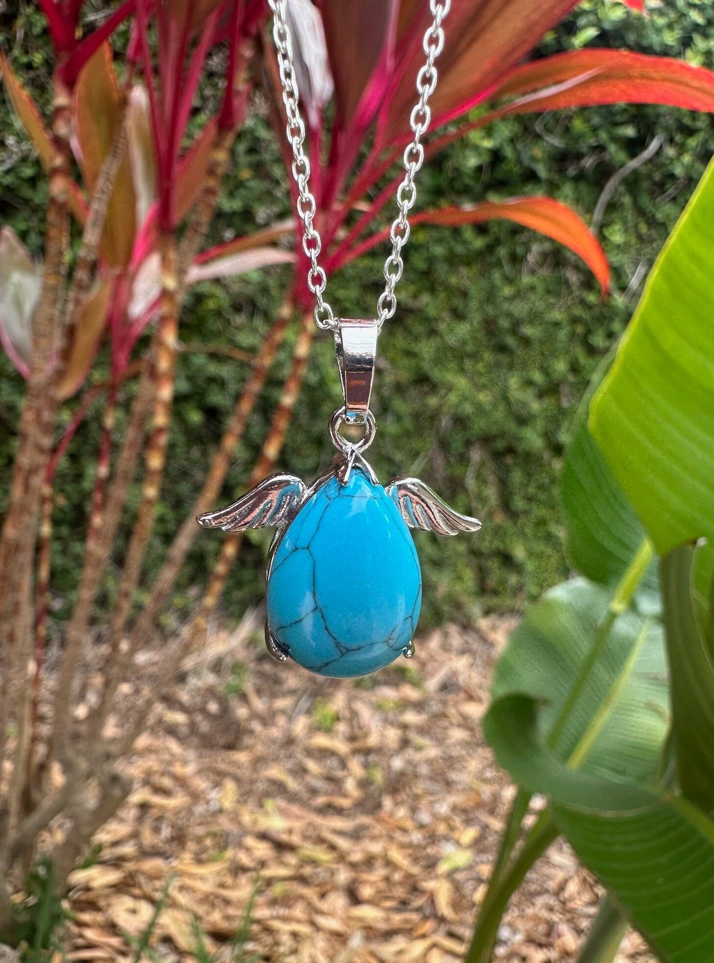Turquoise Color Howlite Angelic Egg Pendant Necklace