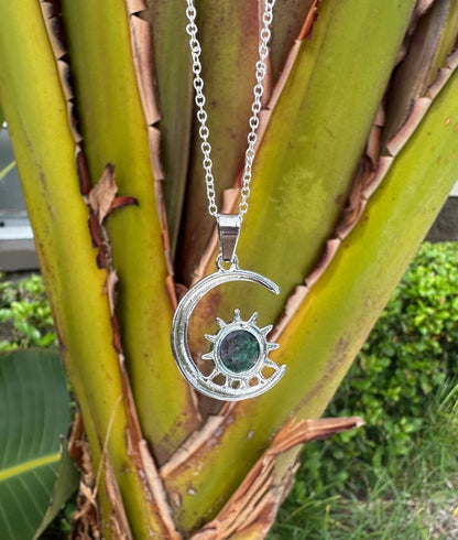 Ruby Zoisite Crescent Sun Pendant Necklace