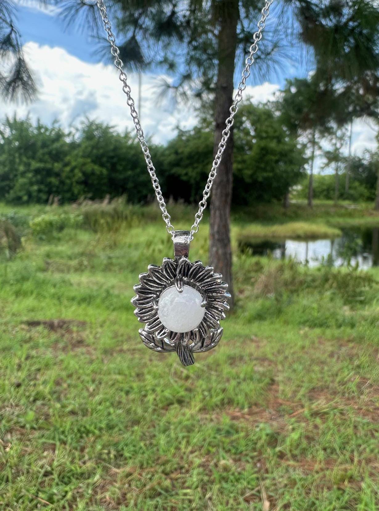 Clear Quartz Sunflower Pendant Necklace