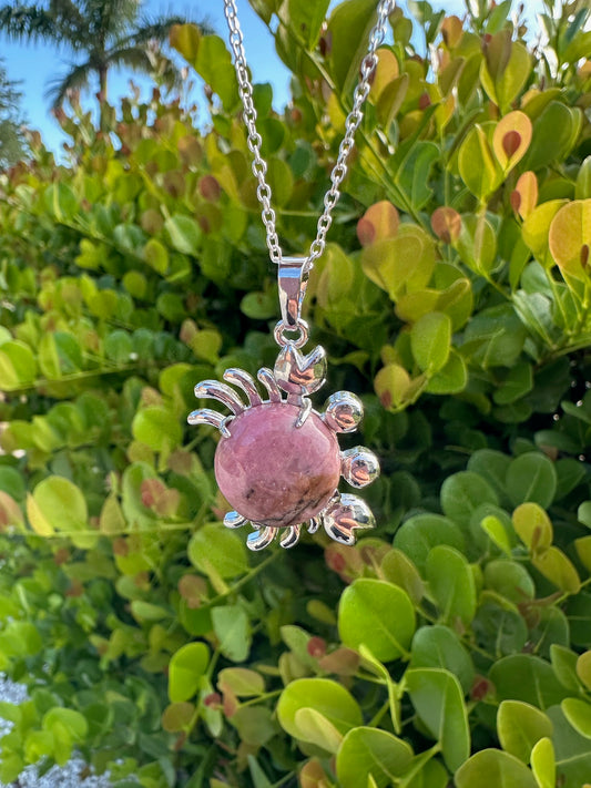 Round Rhodonite Crab Pendant Necklace