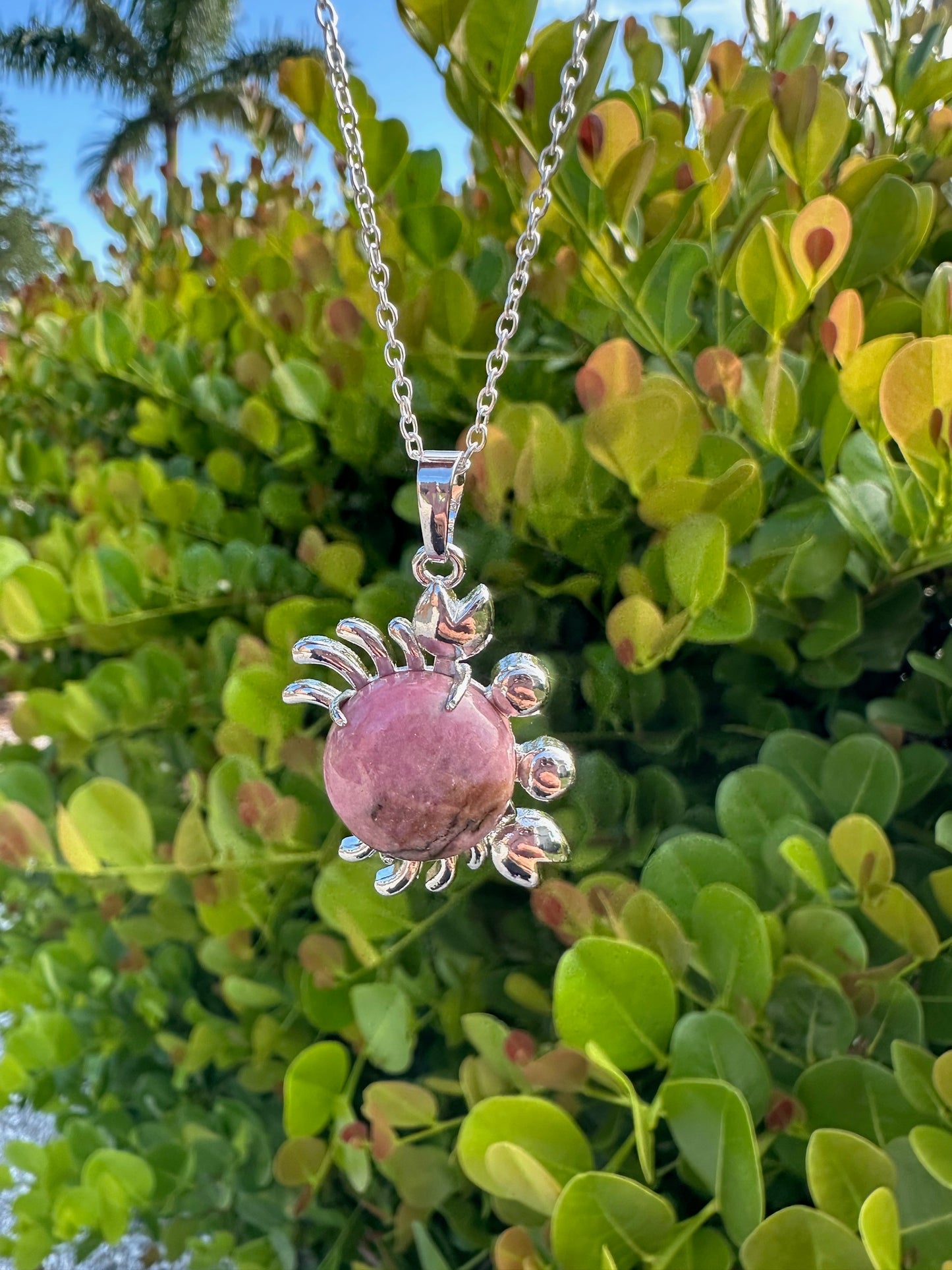 Round Rhodonite Crab Pendant Necklace