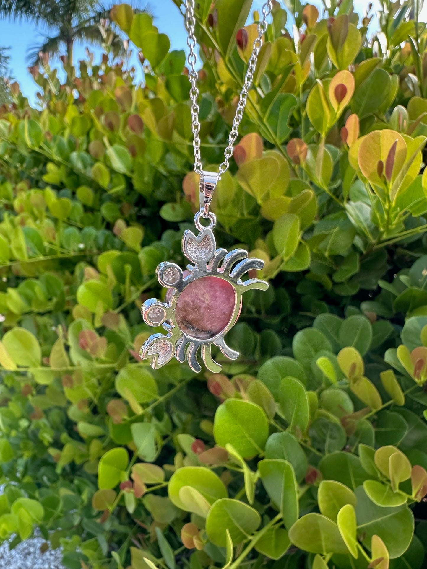 Round Rhodonite Crab Pendant Necklace