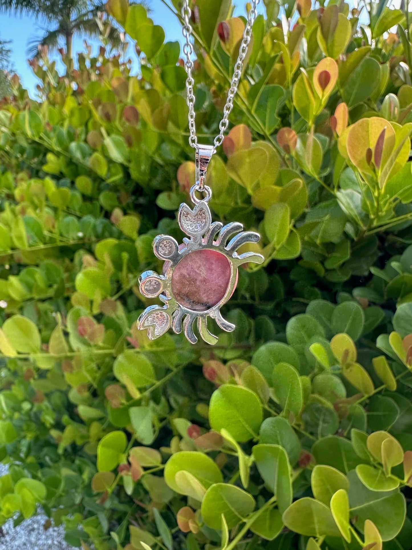 Round Rhodonite Crab Pendant Necklace