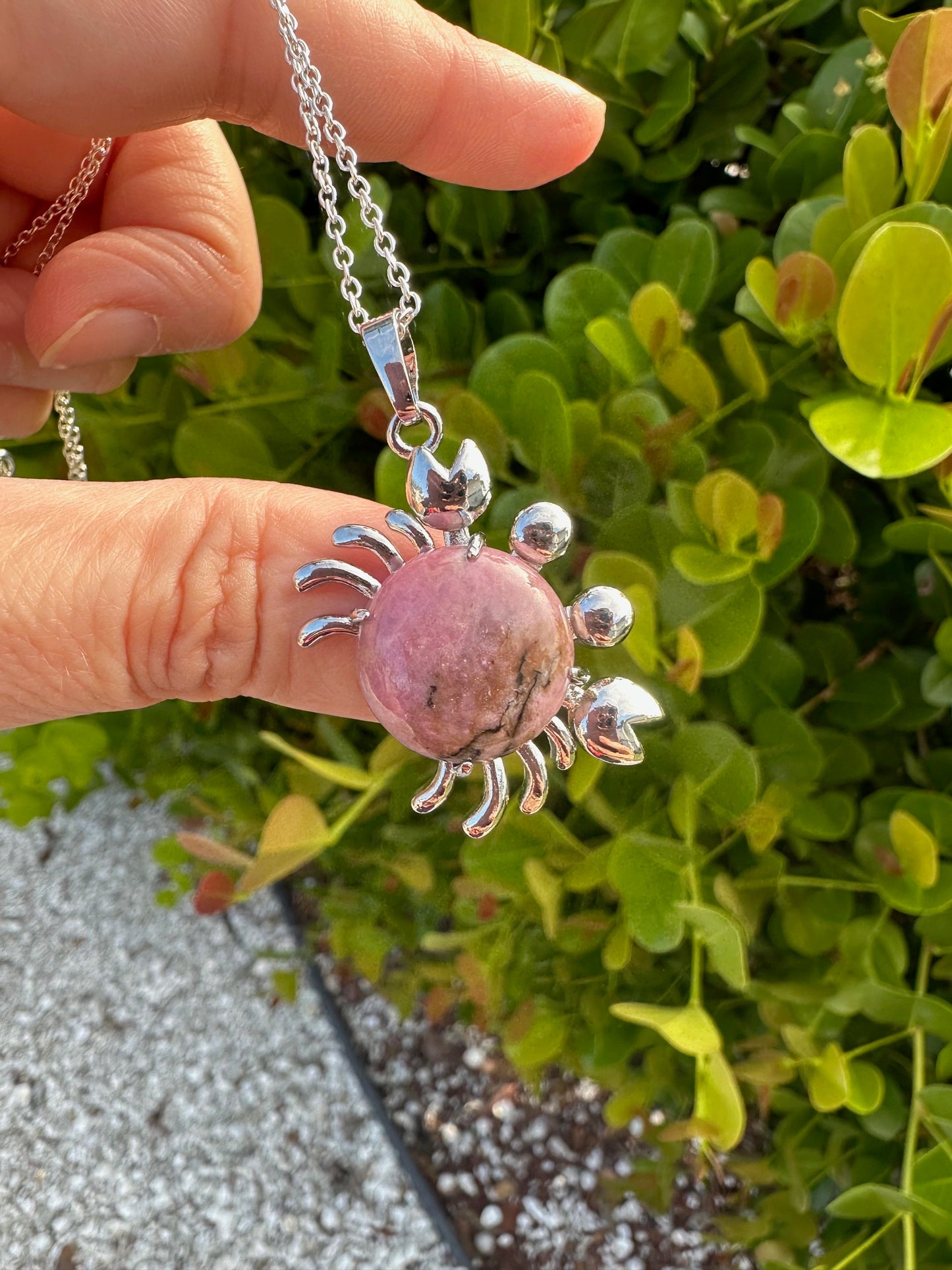 Round Rhodonite Crab Pendant Necklace