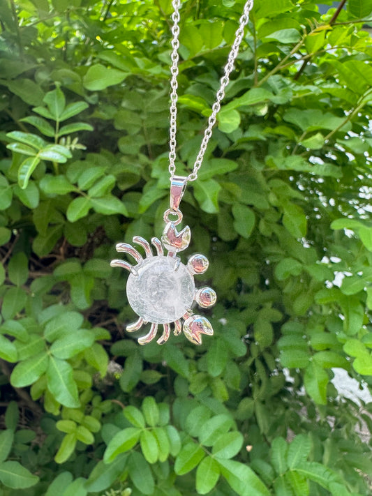 Round Clear Quartz Crab Pendant Necklace