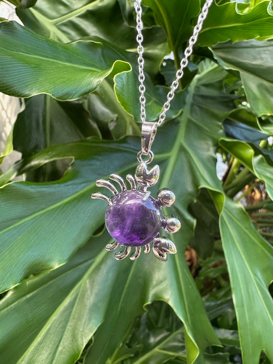 Round Amethyst Crab Pendant Necklace