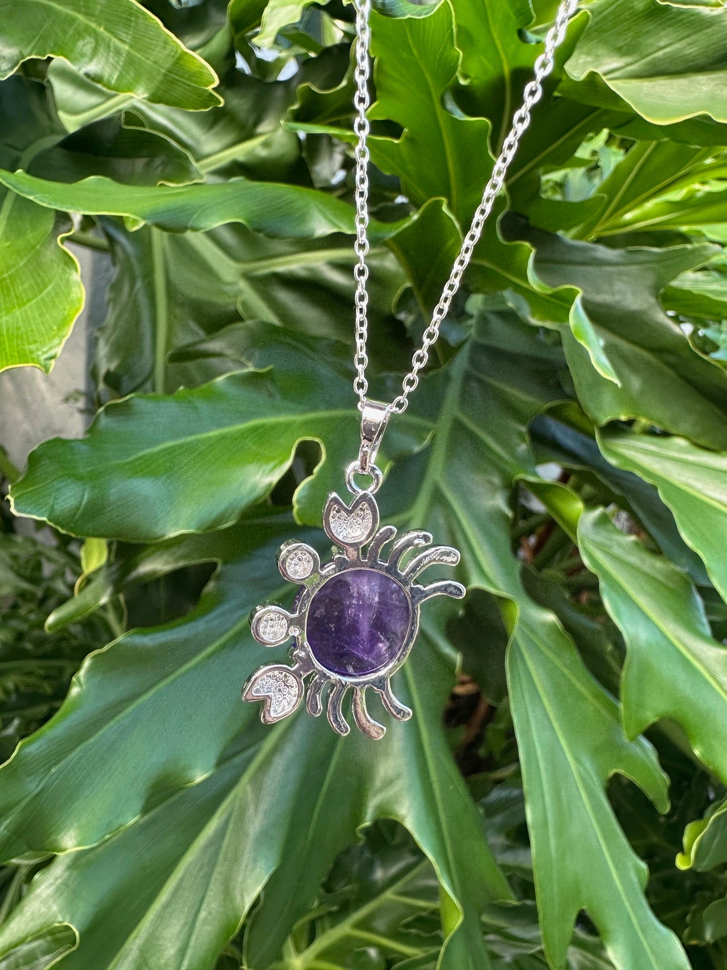 Round Amethyst Crab Pendant Necklace