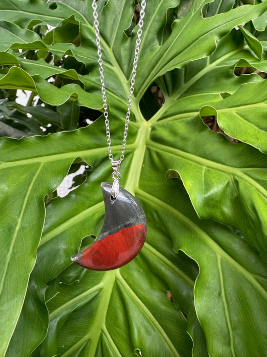 African Bloodstone Crescent Pendant Necklace