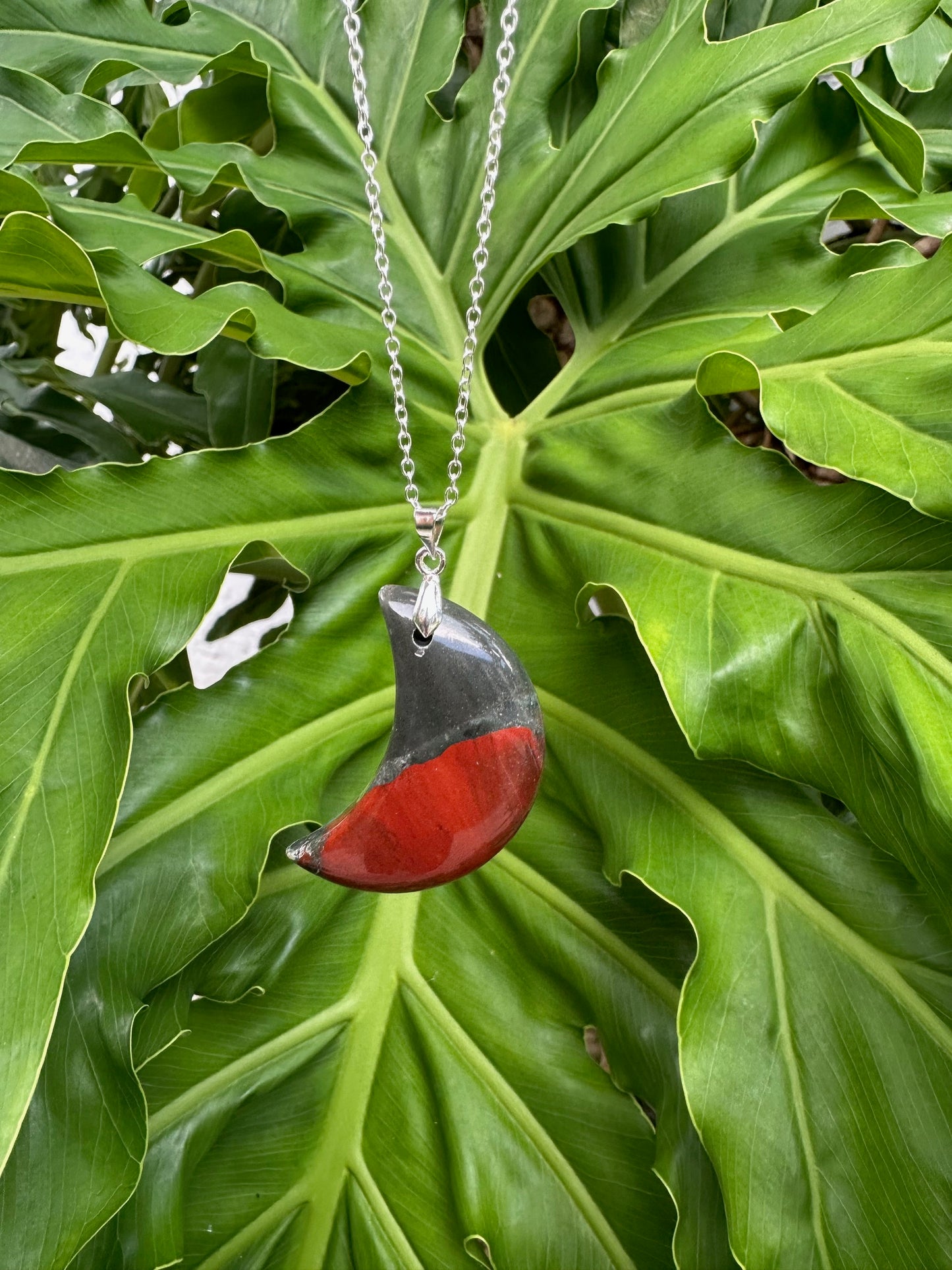 African Bloodstone Crescent Pendant Necklace