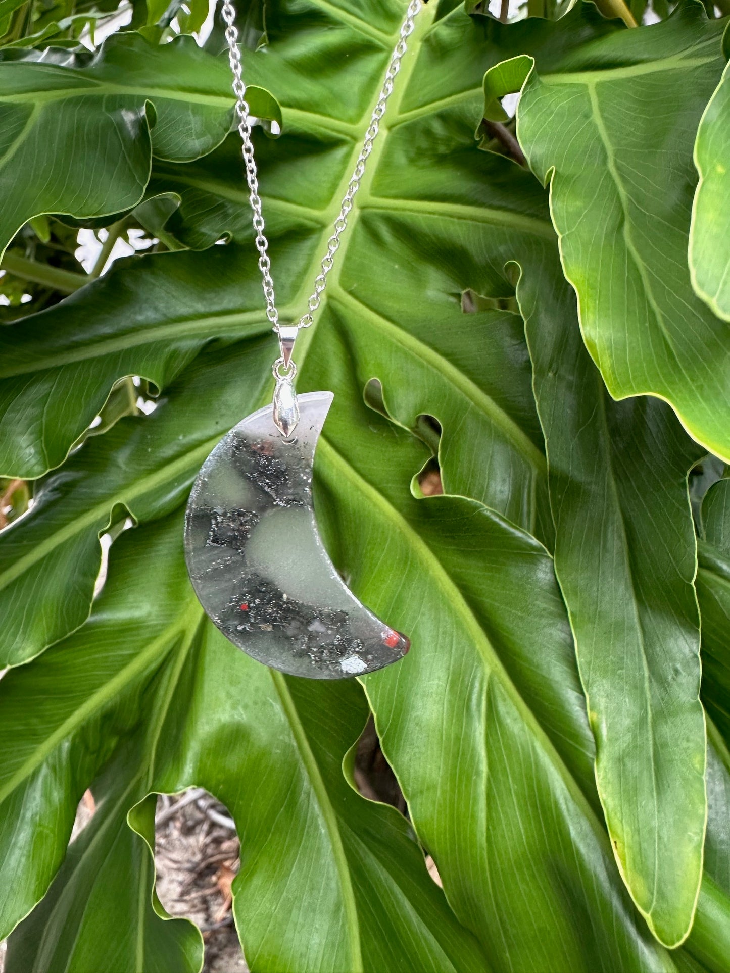 African Bloodstone Crescent Pendant Necklace