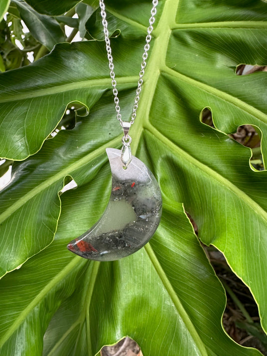 African Bloodstone Crescent Pendant Necklace