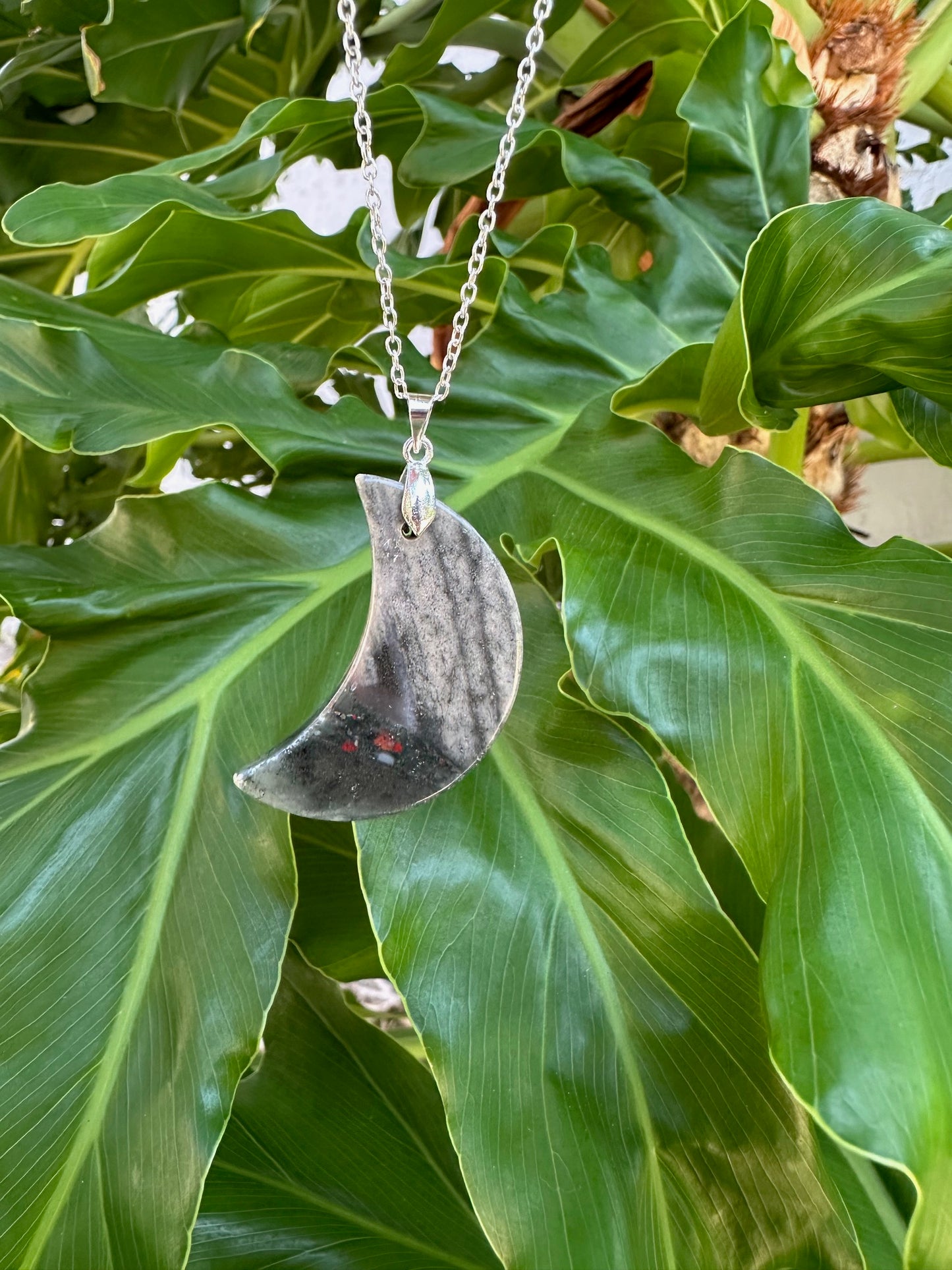 African Bloodstone Crescent Pendant Necklace