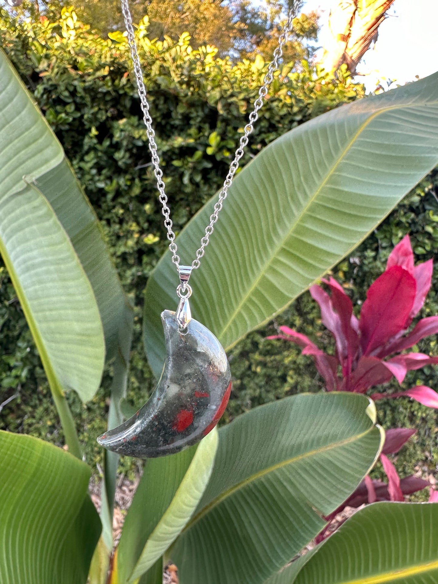 African Bloodstone Crescent Pendant Necklace