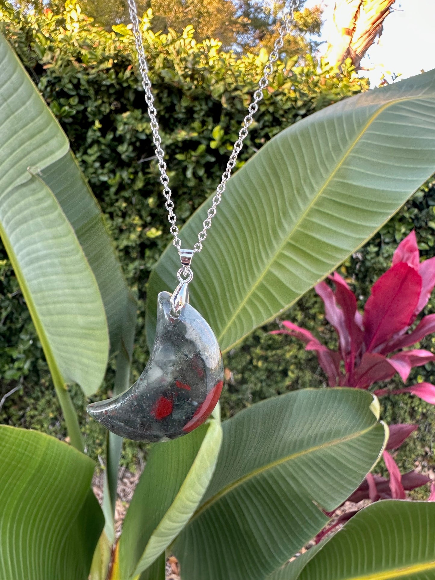 African Bloodstone Crescent Pendant Necklace
