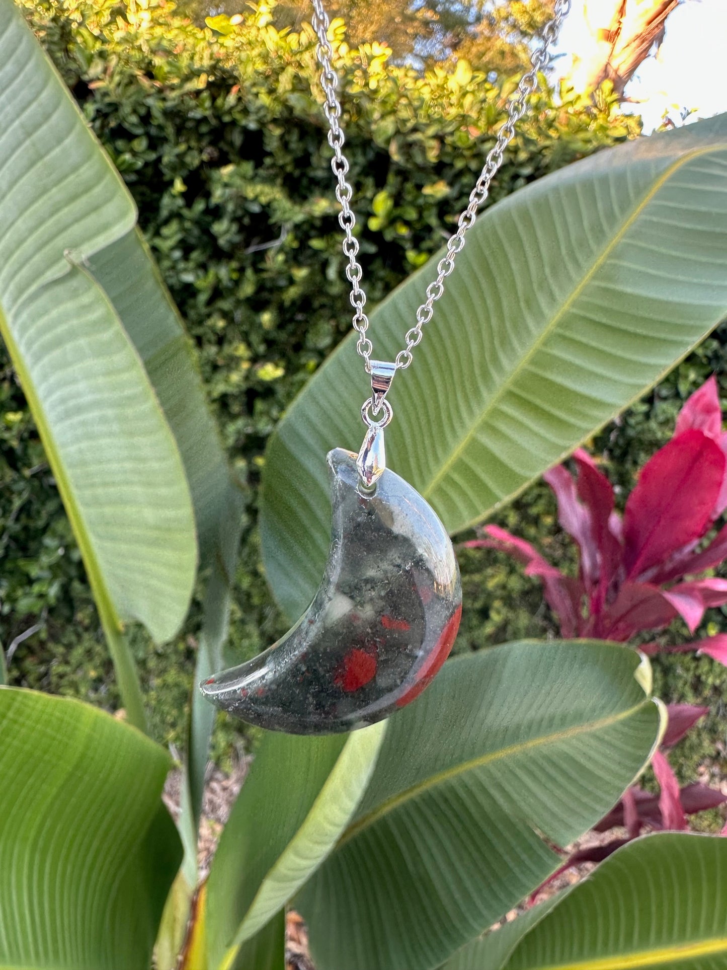 African Bloodstone Crescent Pendant Necklace