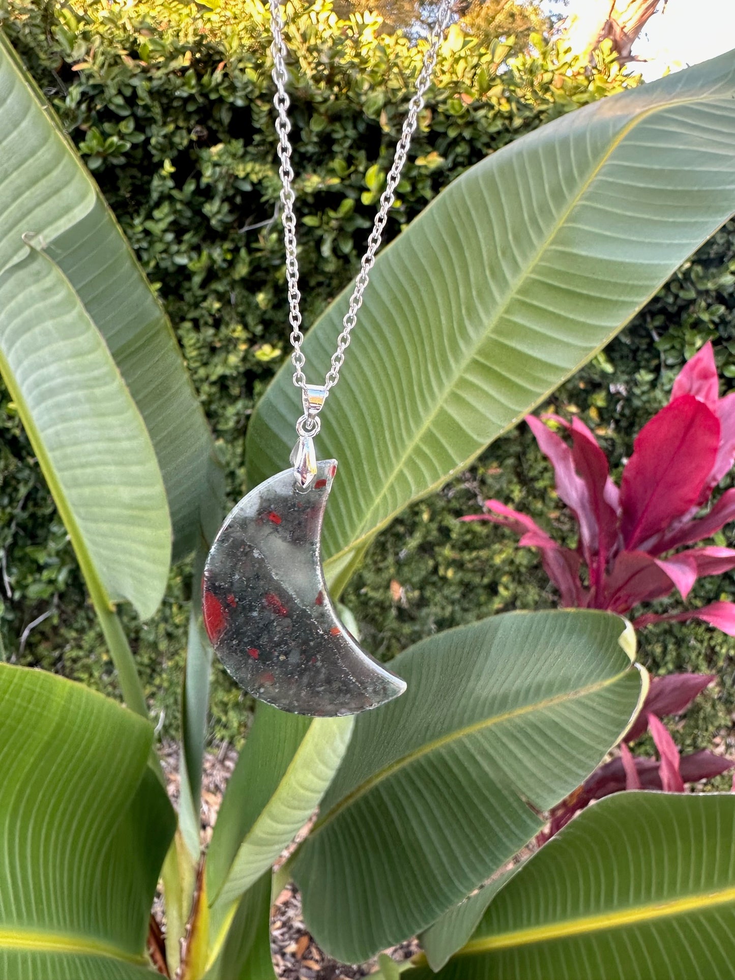 African Bloodstone Crescent Pendant Necklace