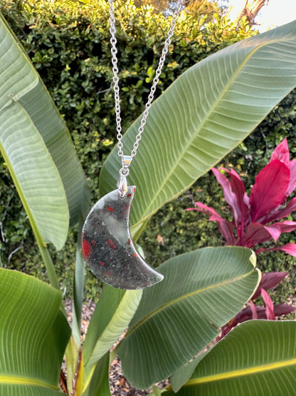 African Bloodstone Crescent Pendant Necklace