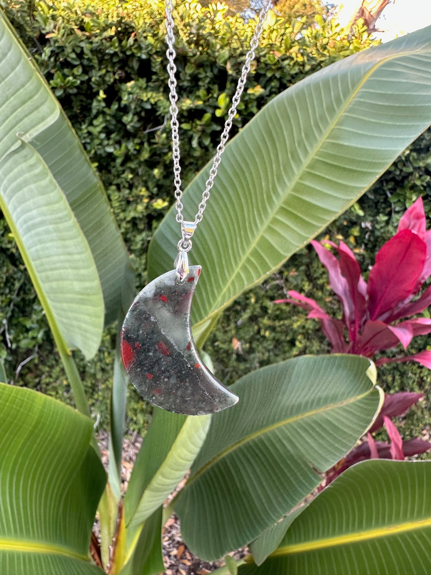 African Bloodstone Crescent Pendant Necklace