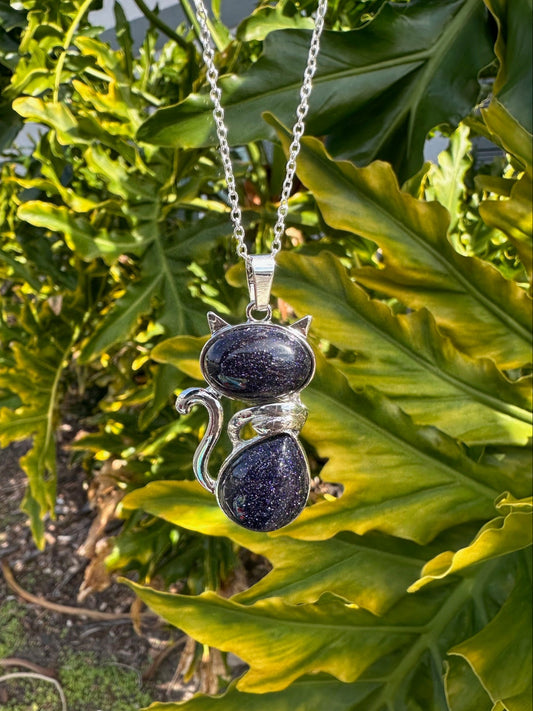 Large Blue Goldstone Cat Necklace