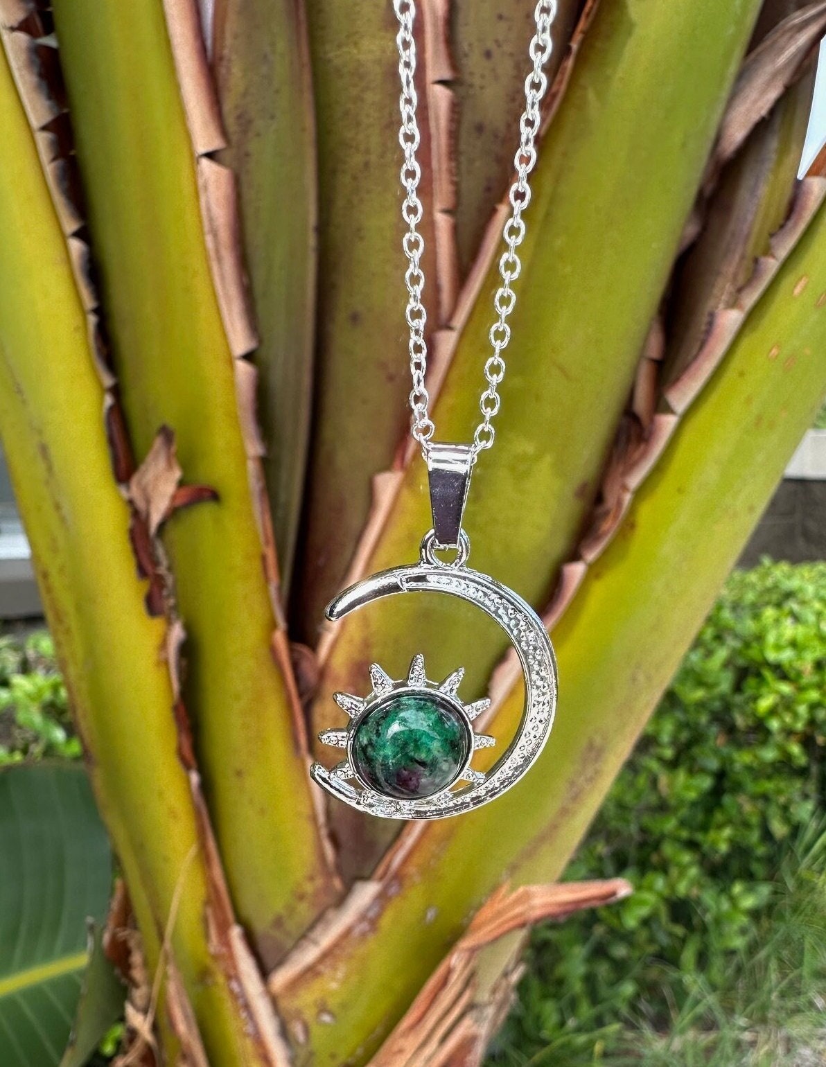 Ruby Zoisite Crescent Sun Pendant Necklace