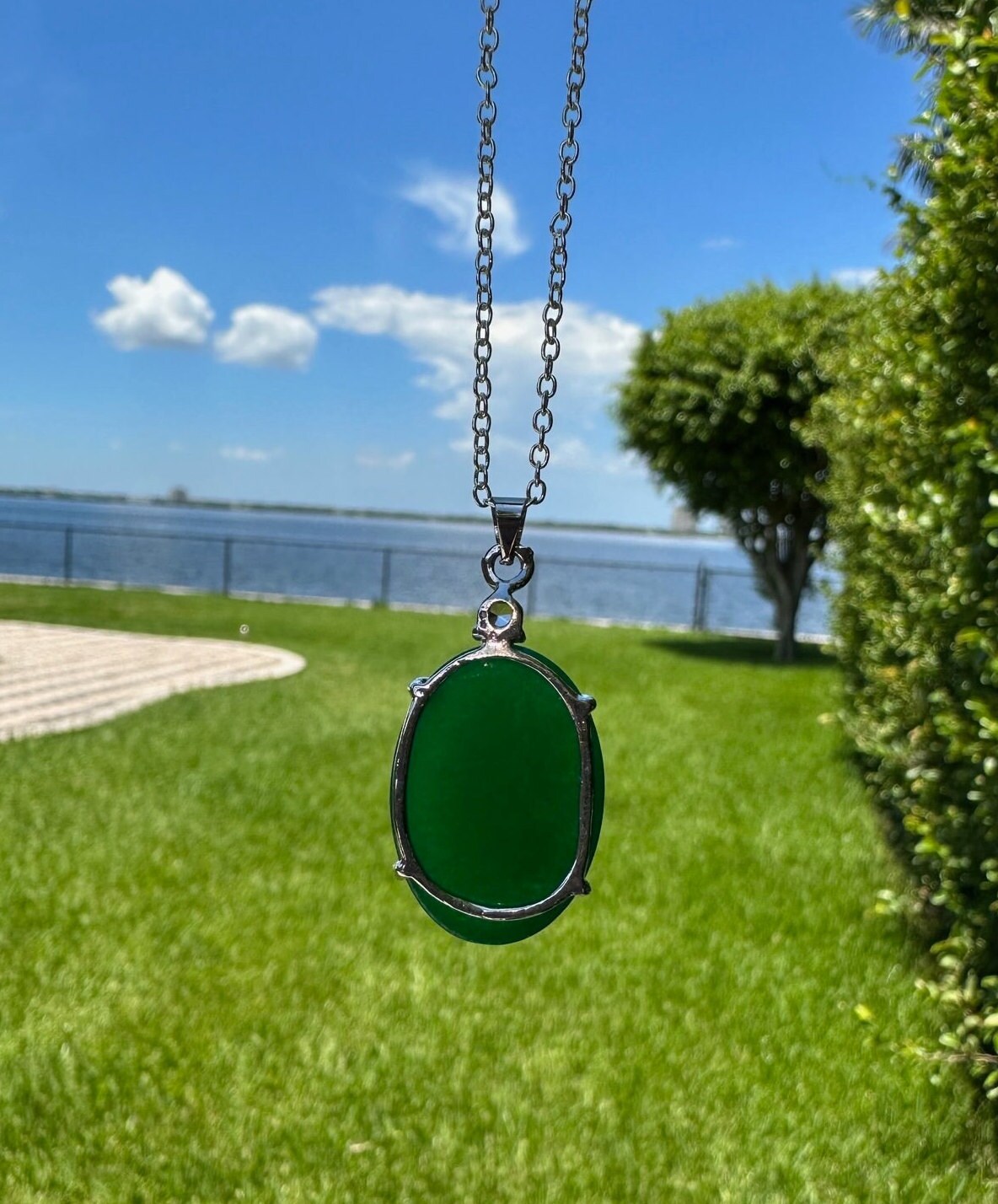 Green Jade Oval Pendant Dyed Green Jade Oval Pendant Man Made Encased Necklace