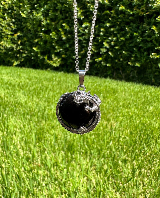 Obsidian Dragon Flat Pendant Necklace