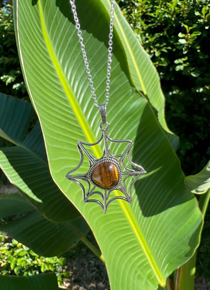 Tiger Eye Spider Web Pendant Necklace