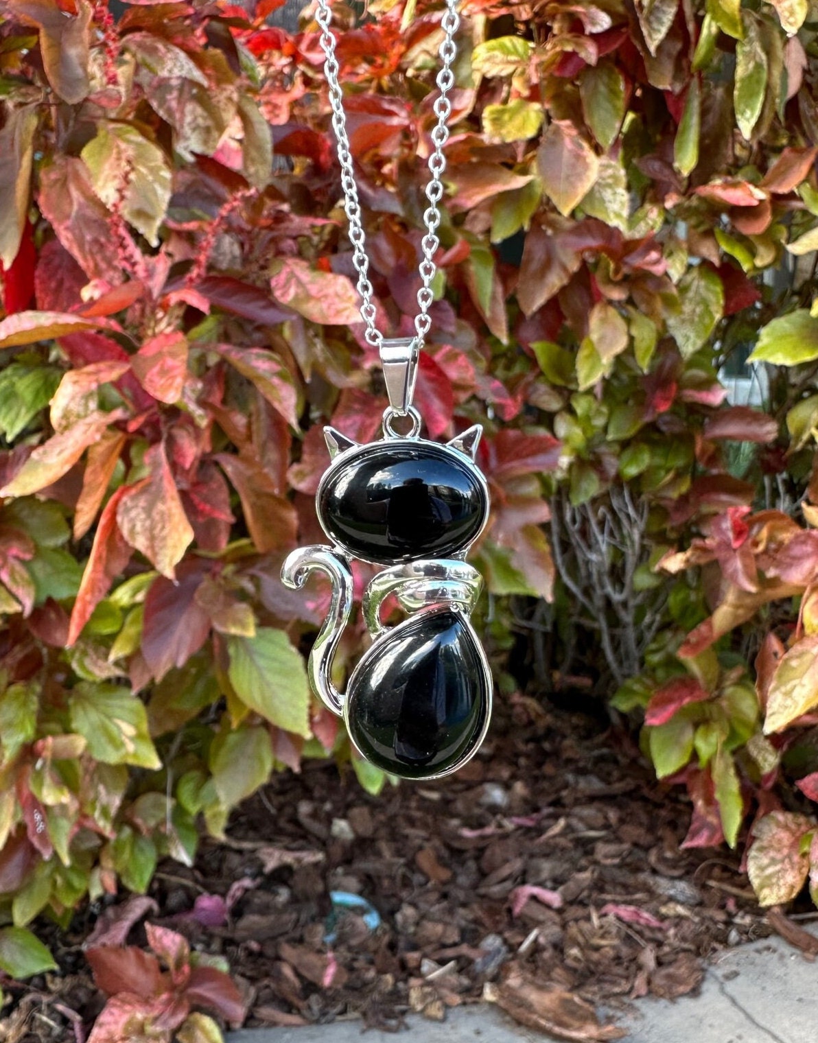 Large Obsidian Cat Pendant Necklace